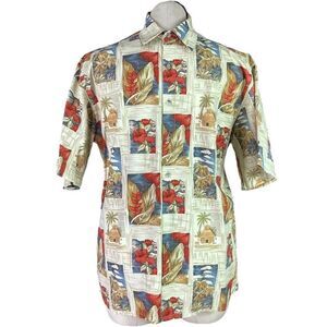 Pierre Cardin Hawaiian Camp Shirt Men M Blue Red Short Sleeve Floral Island VTG